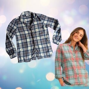 LL Bean Women's Blue & Brown Scotch Plaid Flannel Pajama Top M
